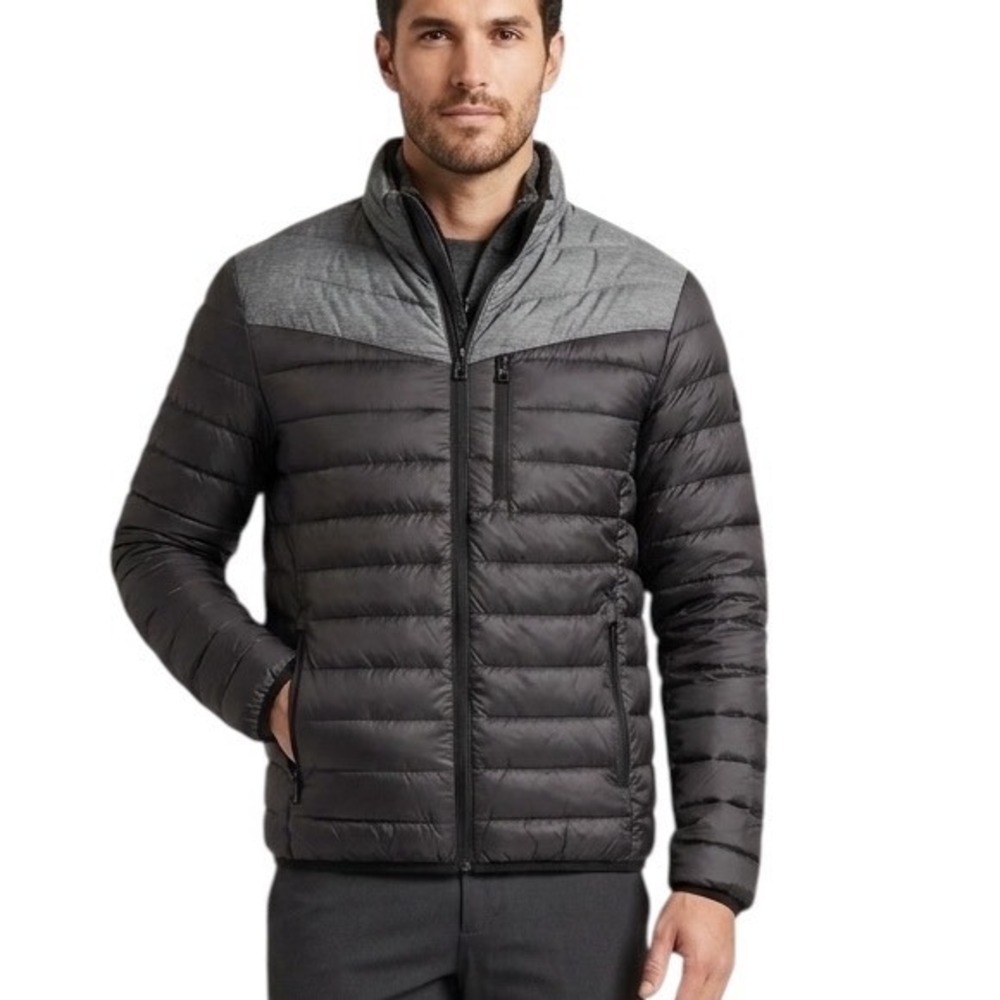 Mens Down Puffer Jacket INC International Concepts Black Grey Size M Full Zip
